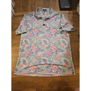 Bad Birdie Golf Polo Shirt Stretch Performance Floral Pink Flamingos Men's L